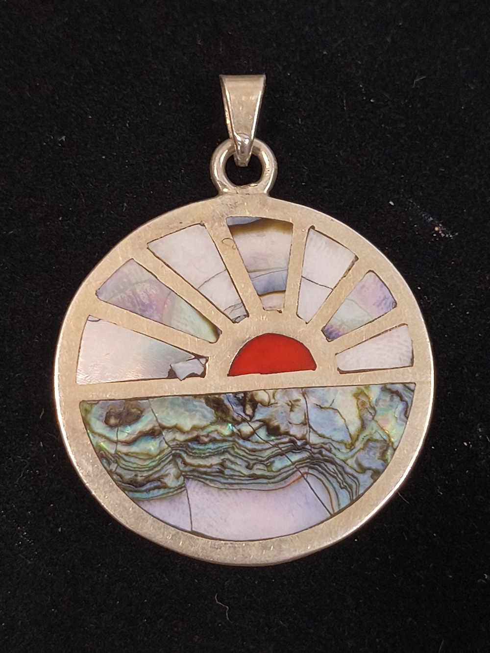 VTG Taxco Mexico 925 Sterling Silver Abalone Coral Sunrise Pendant Eagle 3
